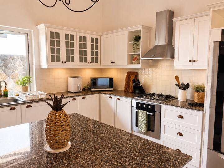 The kitchen at Lakaz Badamier, designed for shared moments
