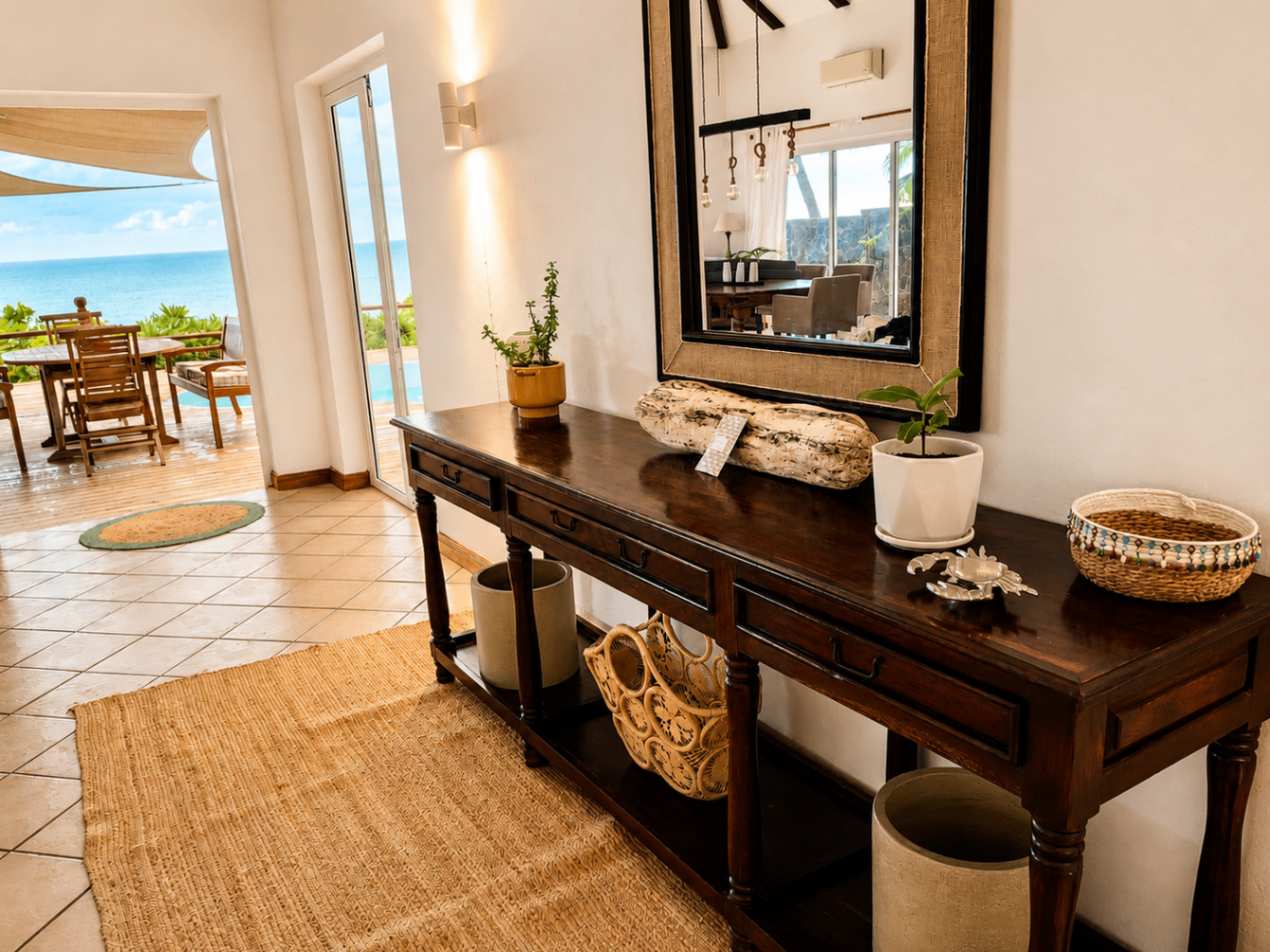 The welcoming interior of Lakaz Badamier