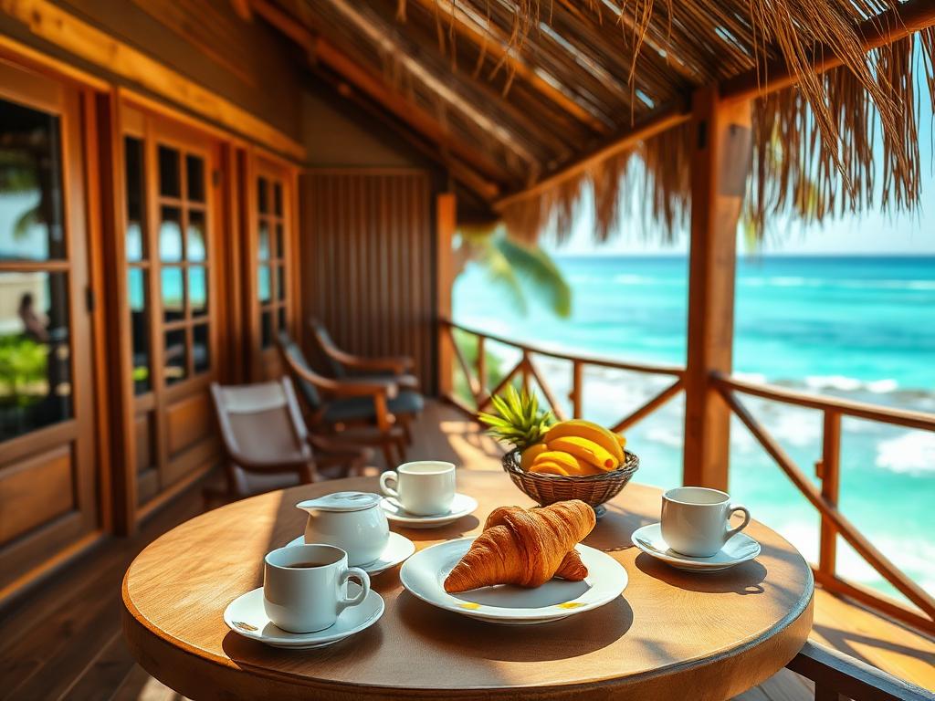 A tropical breakfast with fresh fruit and coffee on the terrace at Lakaz Badamier