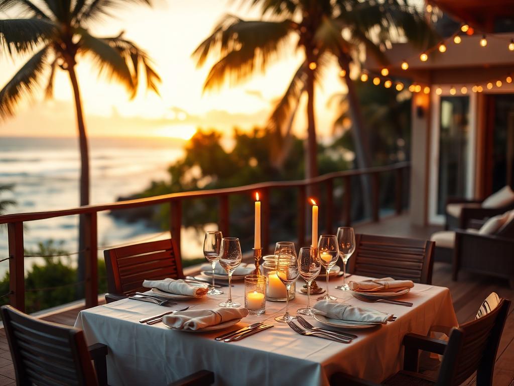 Evening dining on the terrace at Lakaz Badamier with warm sunset light