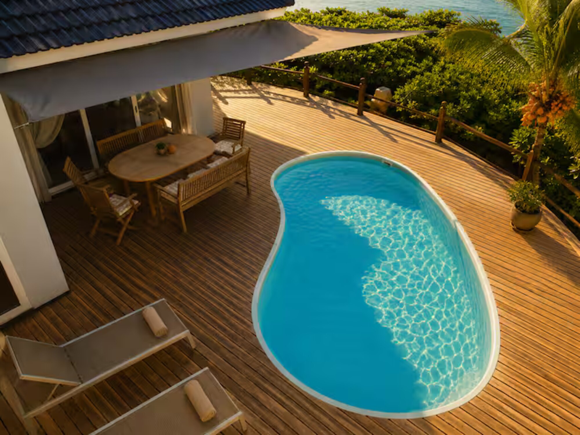 The private pool at Lakaz Badamier, surrounded by tropical greenery