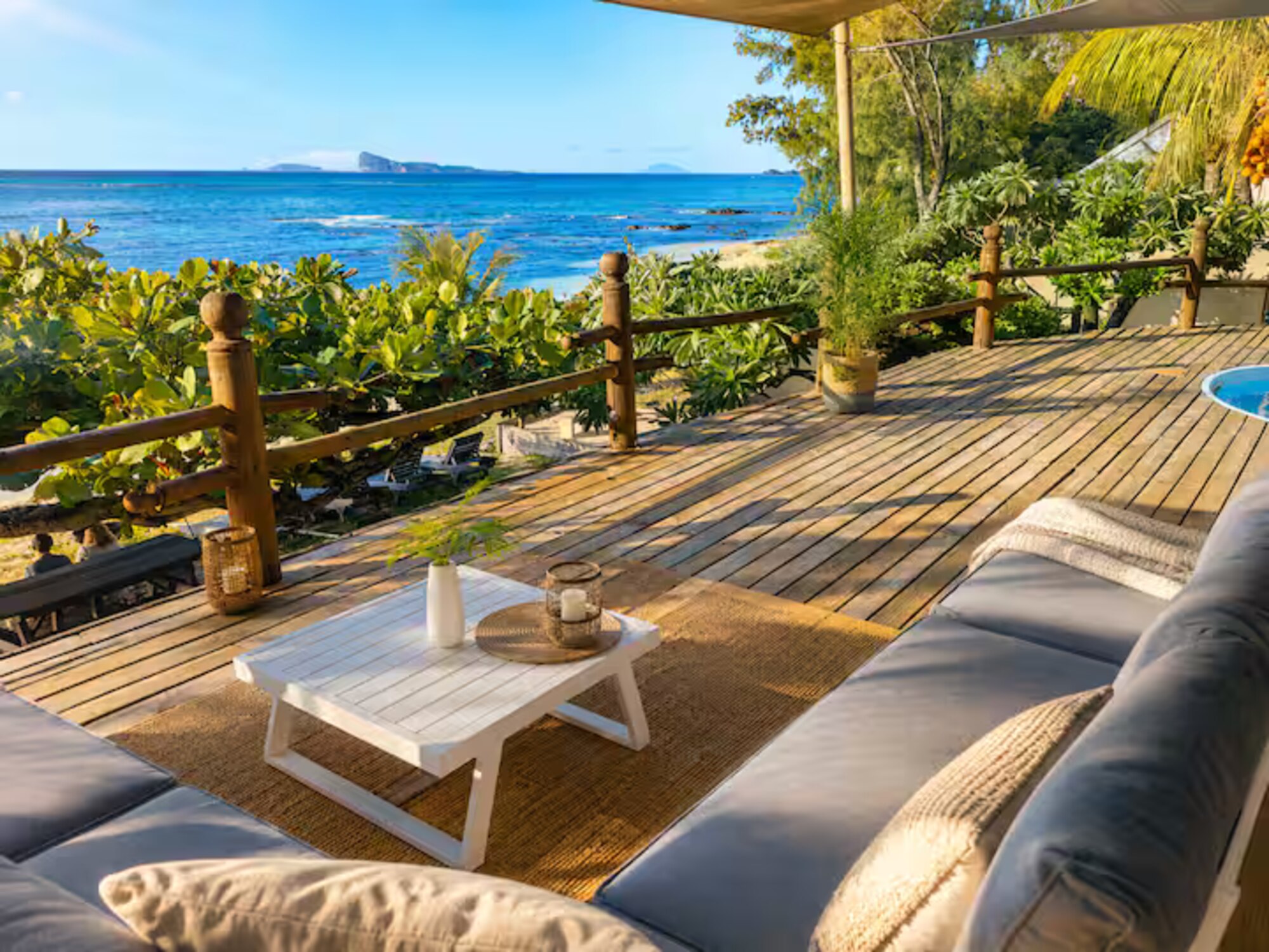 Morning light on the terrace overlooking the ocean at Lakaz Badamier